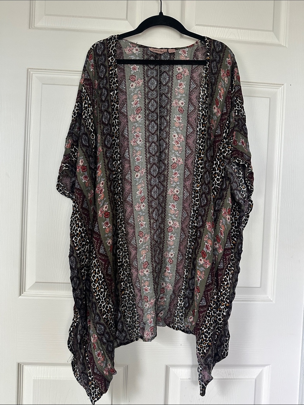 Boho Floral Striped Kimono - Olive, Pink & Black EUC